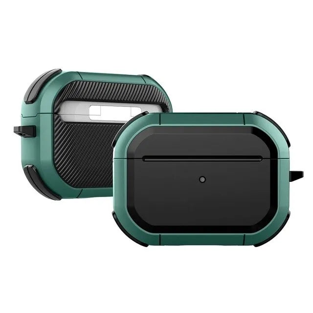 Black TPU and PC protective shell on an AirPods Pro charging case.