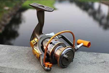 10-axis metal head spinning reel with metal line cup and folding rocker arm in silver and black