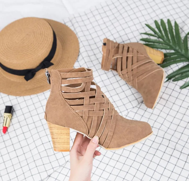 Women's pointed thick heel hollow short boots in camel suede with back zipper and round toe