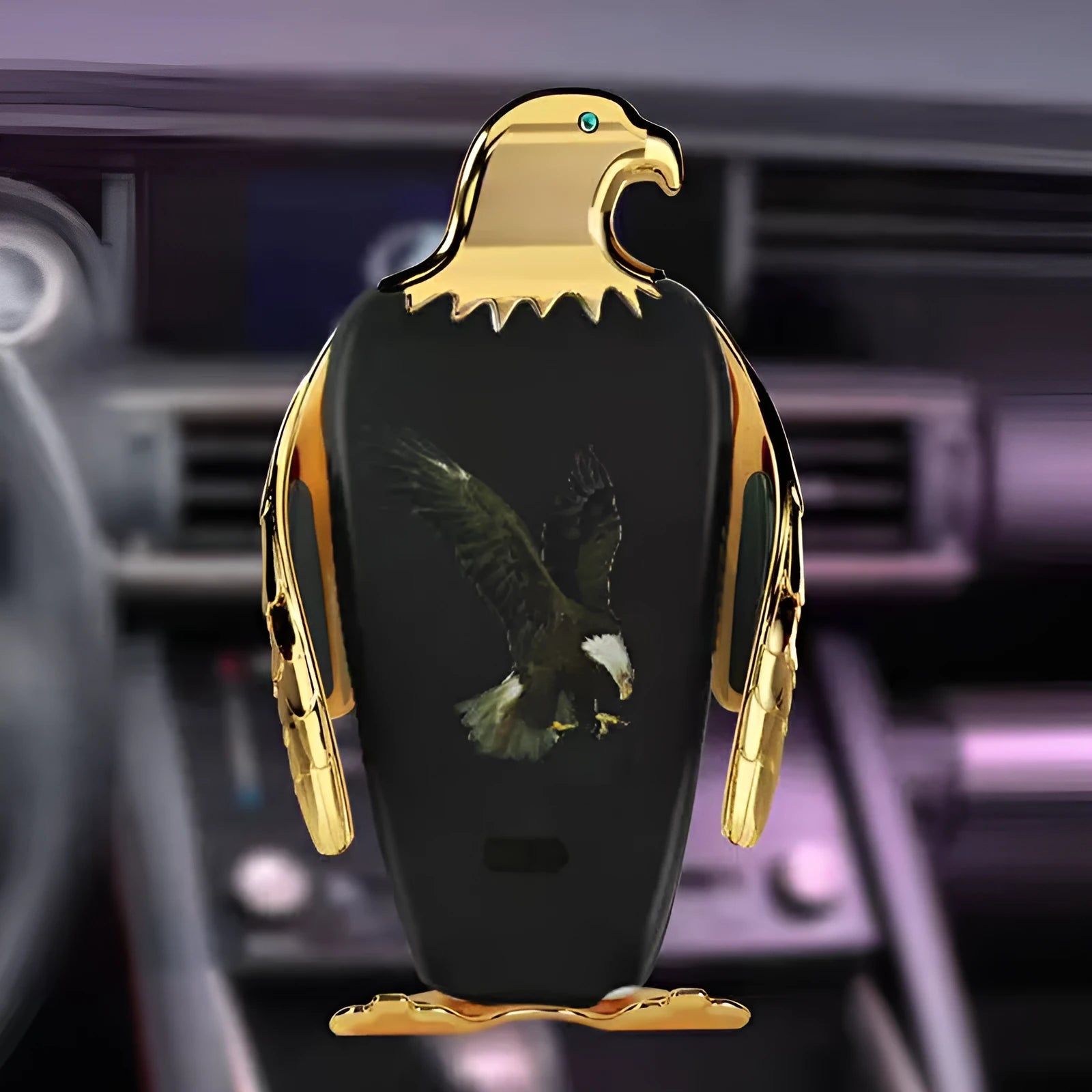 Wireless charging car phone holder with suction cup mount in gold and black colour combination