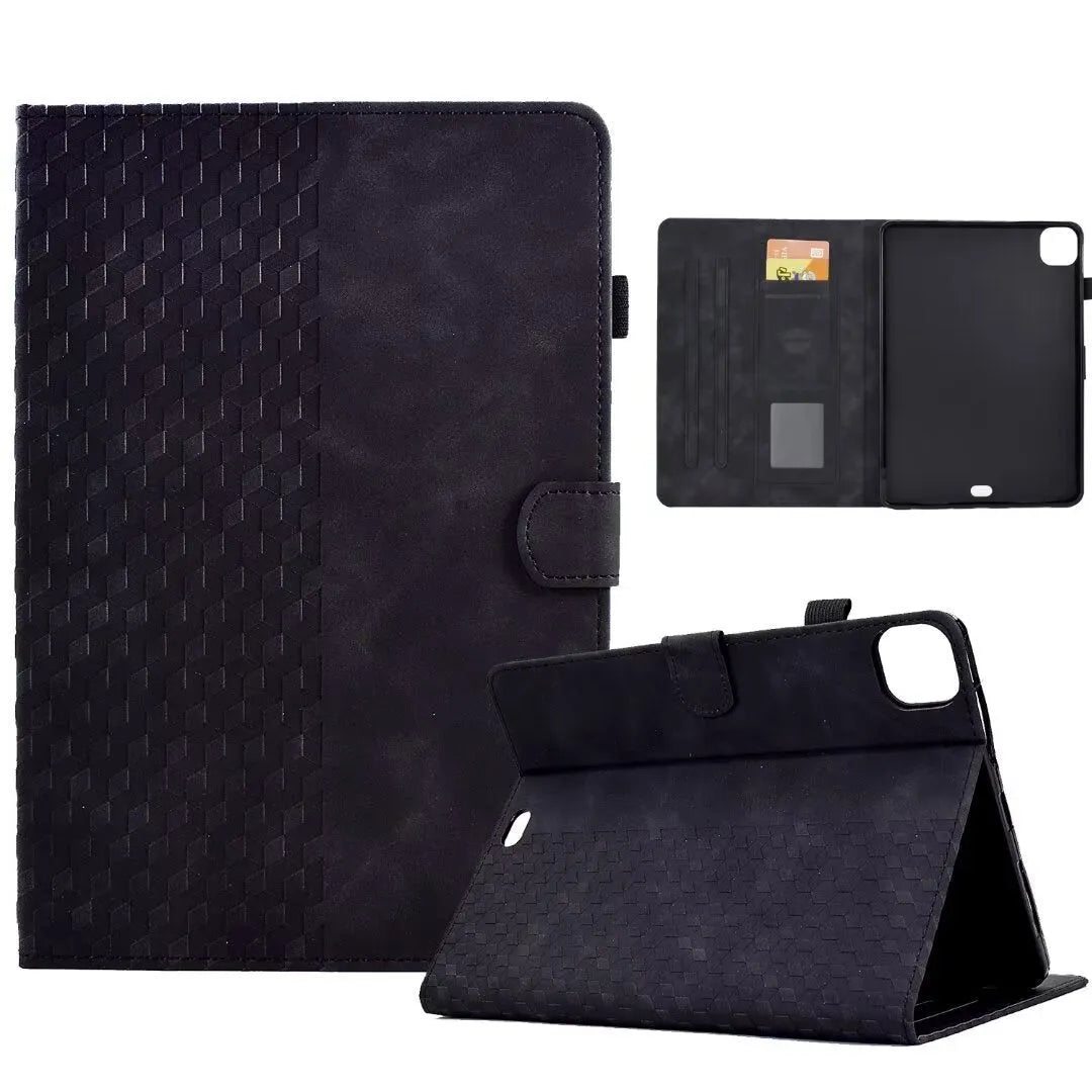 iPad Pro 11 leather case with card holder in diamond embossed green pattern, showing stand function.