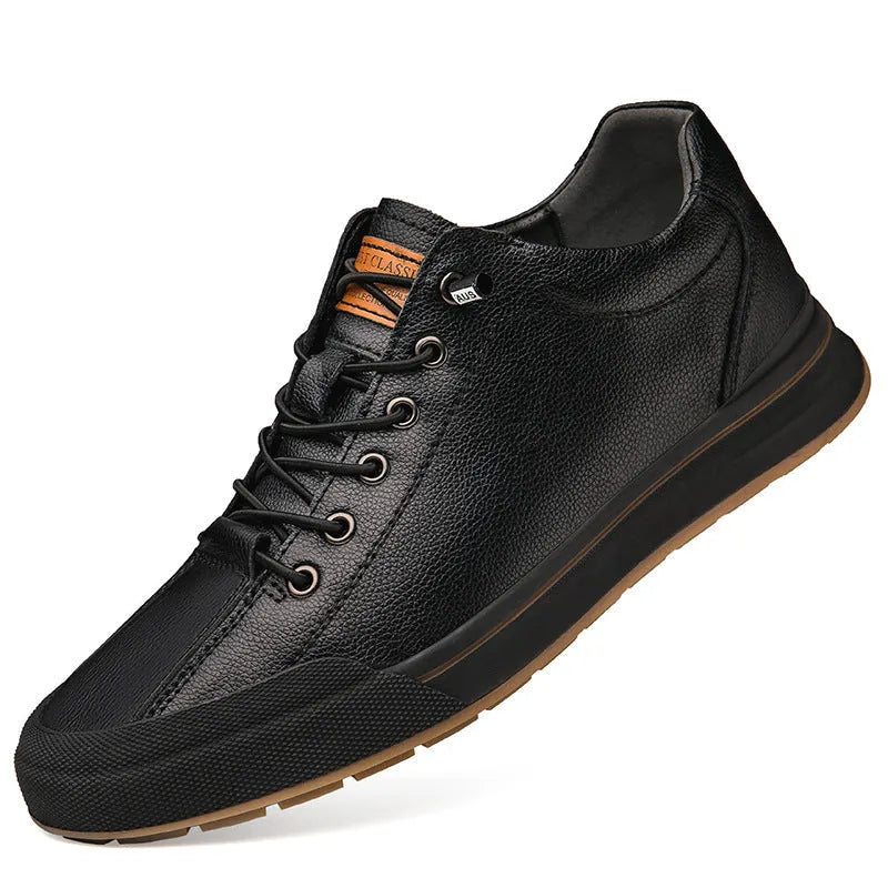 Men's white round toe matte leather casual shoes with flat heel on a plain background.