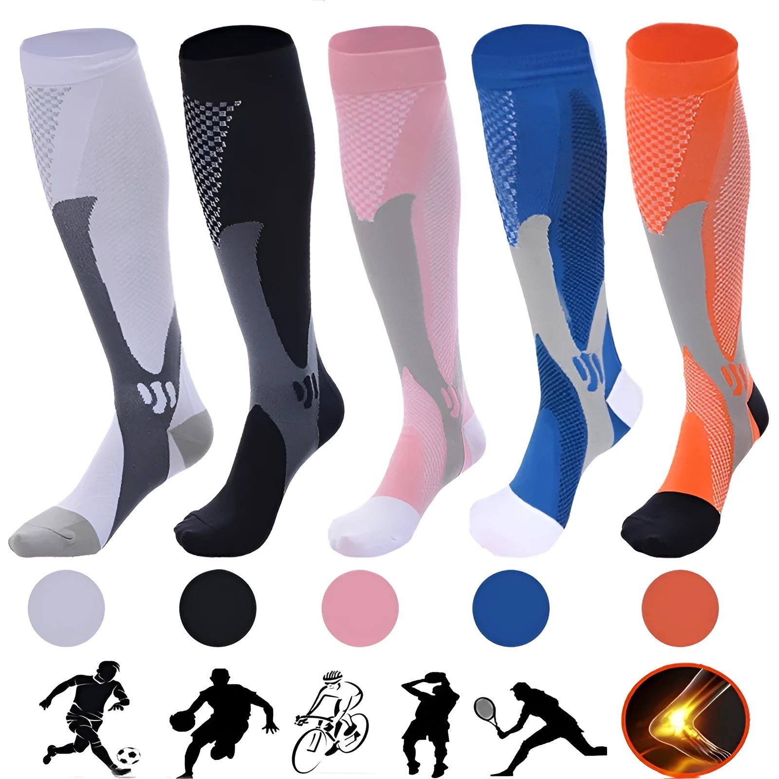 Graduated compression socks in black, shown with size guide for S/M, L/XL, and XXL.