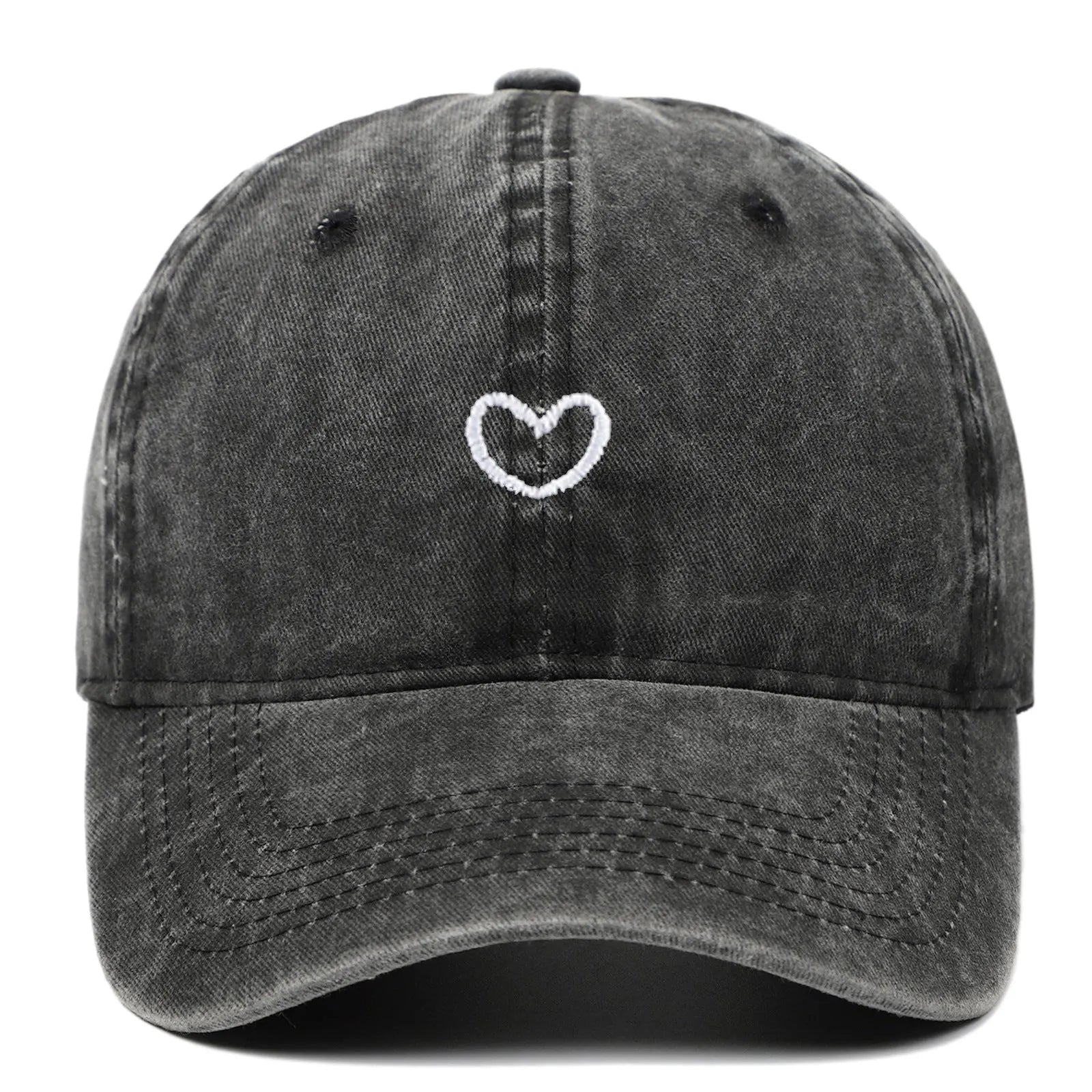 Cotton baseball cap with embroidered red love heart on front, shown in grey.