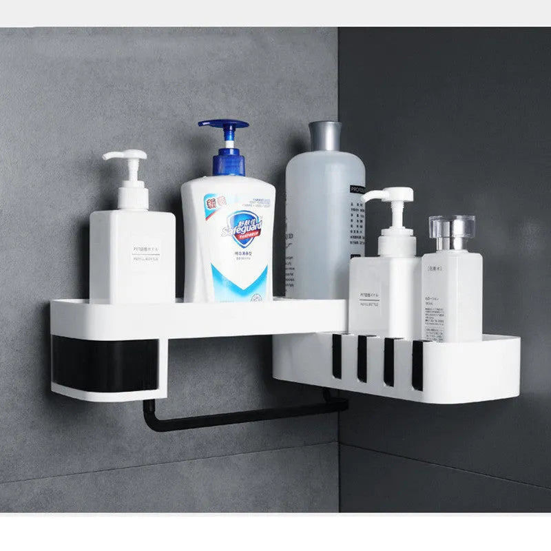 Plastic bathroom corner shelf wall-mounted in black and white colour for shower storage