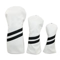 A striped PU leather golf club head cover for wood clubs, shown in blue, with size and colour options.
