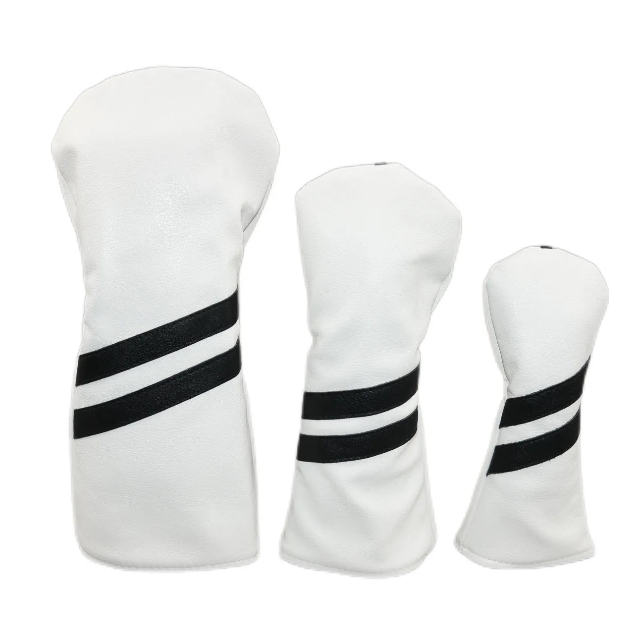 A striped PU leather golf club head cover for wood clubs, shown in blue, with size and colour options.