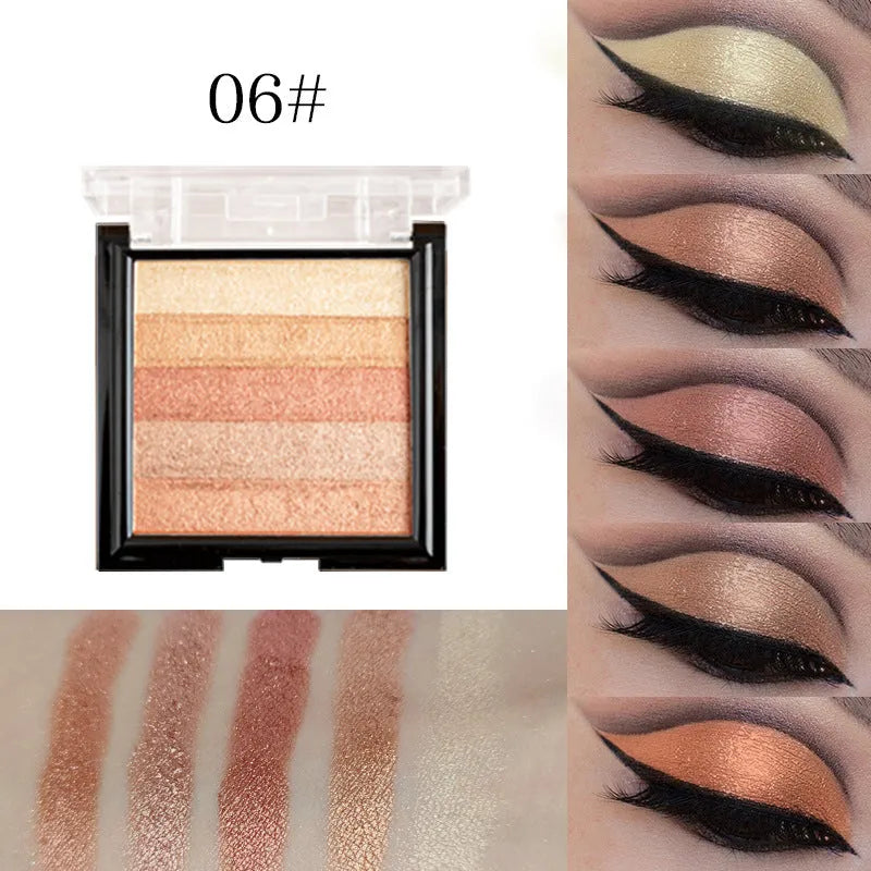 Eye shadow compact showing six colour style options for natural three-dimensional contouring and brightening