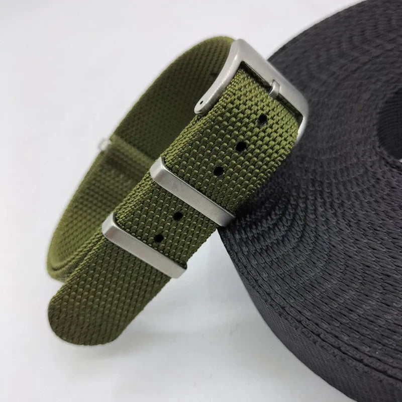 Textile nylon integrated watch strap in Army Green colour showing the 20mm width.