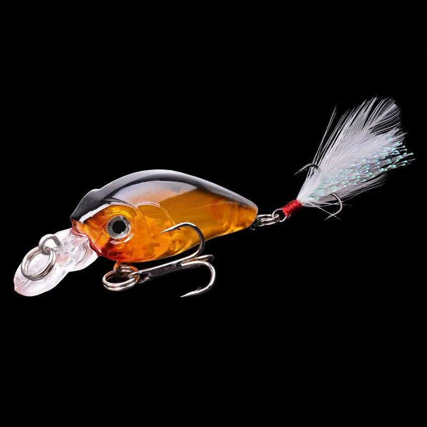 Lure Rock Little Fat Man 4.5cm feather fishing lure with 3D eyes and reinforced hook, five colour options on white background