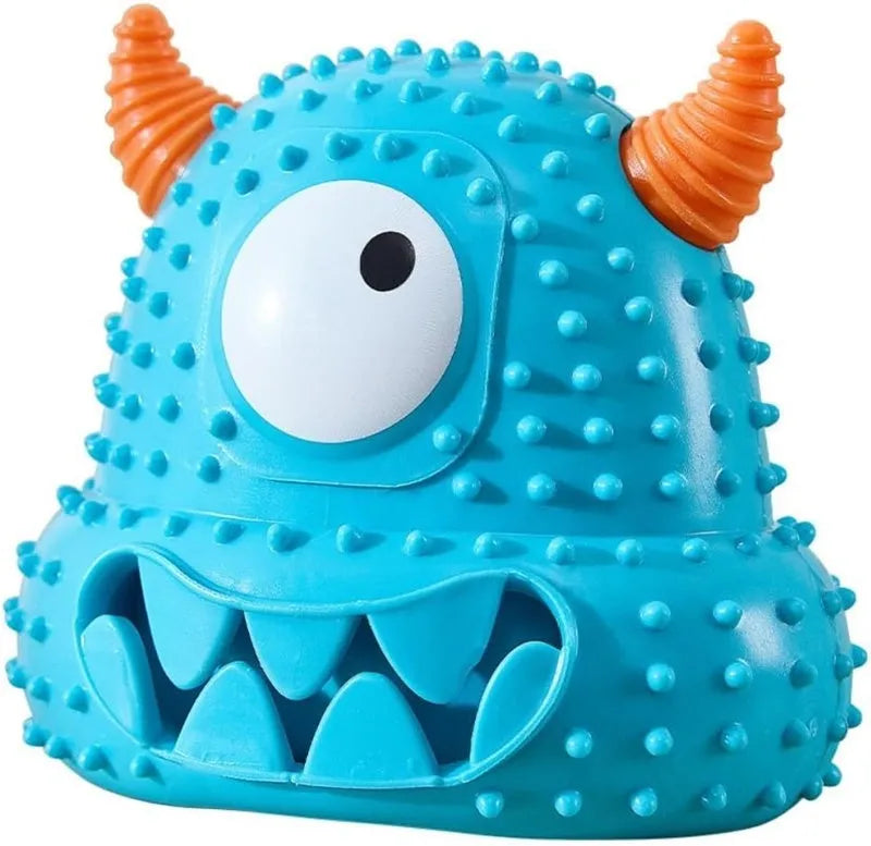 Little monster vocal dog toy in blue with exaggerated eyes, horns, and teeth; made of bite-resistant silicone.