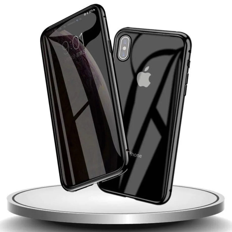 Black glass anti-spy clamshell privacy case for iPhone, shown open and closed.
