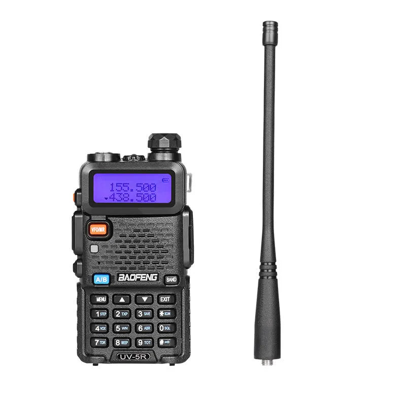 Handheld VHF UHF walkie talkie radio showing compact dimensions and antenna