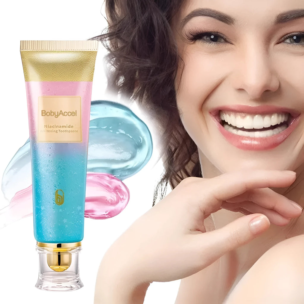 White and blue tube of nicotinamide whitening toothpaste for adults, 100g net content.