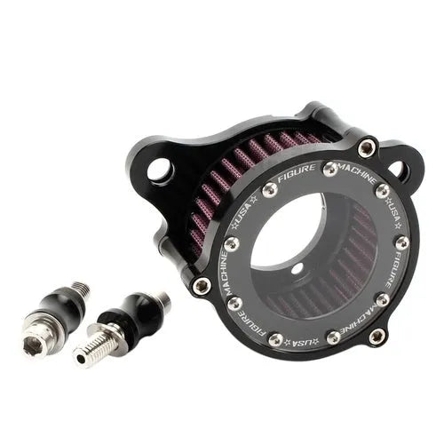 Harley Davidson CNC aluminium retro air filter with transparent glass element showing black filter