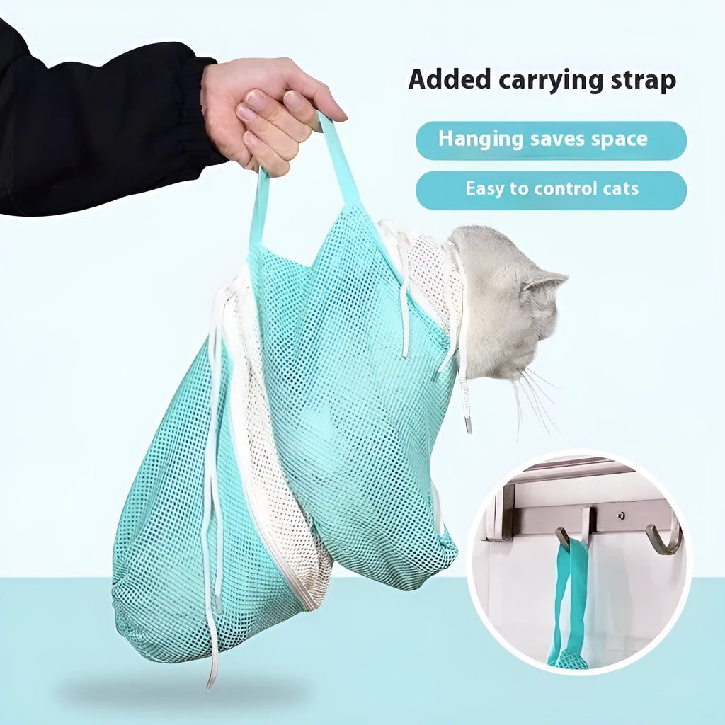 Upgraded 5th generation cat grooming bag in pink and white with integrated nail scissors.