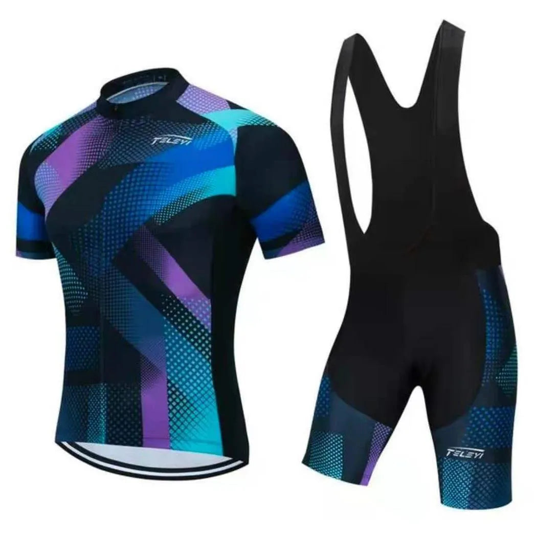Cycling jersey and pants set in a colour-block style for summer mountain and road bike riding.