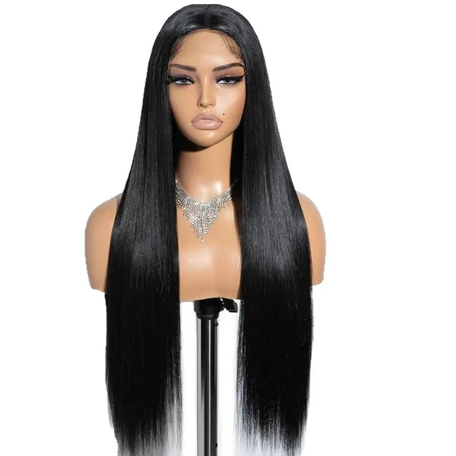 A lady wearing a long, straight, dark brown human hair glueless wig with side bangs.