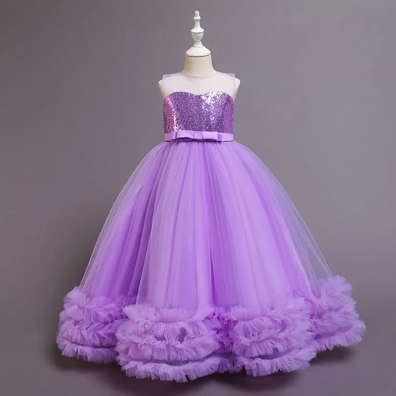 Children's sequined embroidered mesh princess tutu dress in colours including champagne, green, pink, purple, red, white – sizes 120-160cm