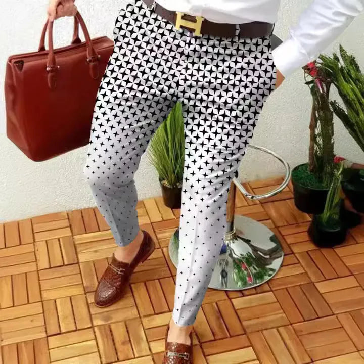 Men's slim-fit plaid casual trousers in polyester elastic fabric with straight leg cut and zip fly closure