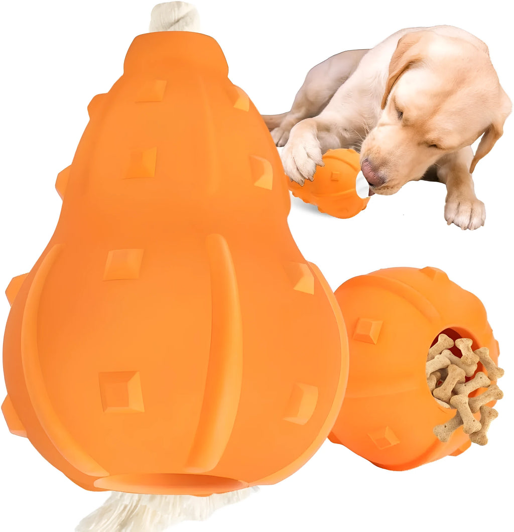 Natural rubber stuffable dog chew toy with longer strap for fetch and treat dispensing.