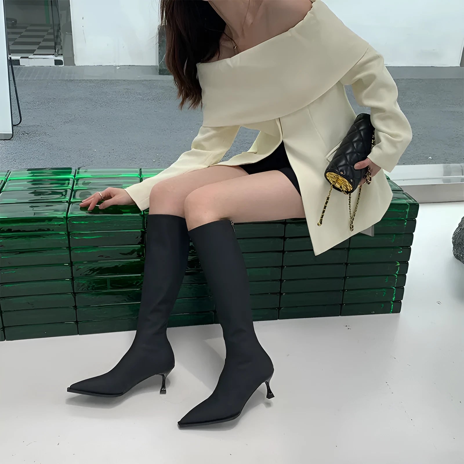 Women's black pointed toe below knee boots with back zipper and stiletto heel