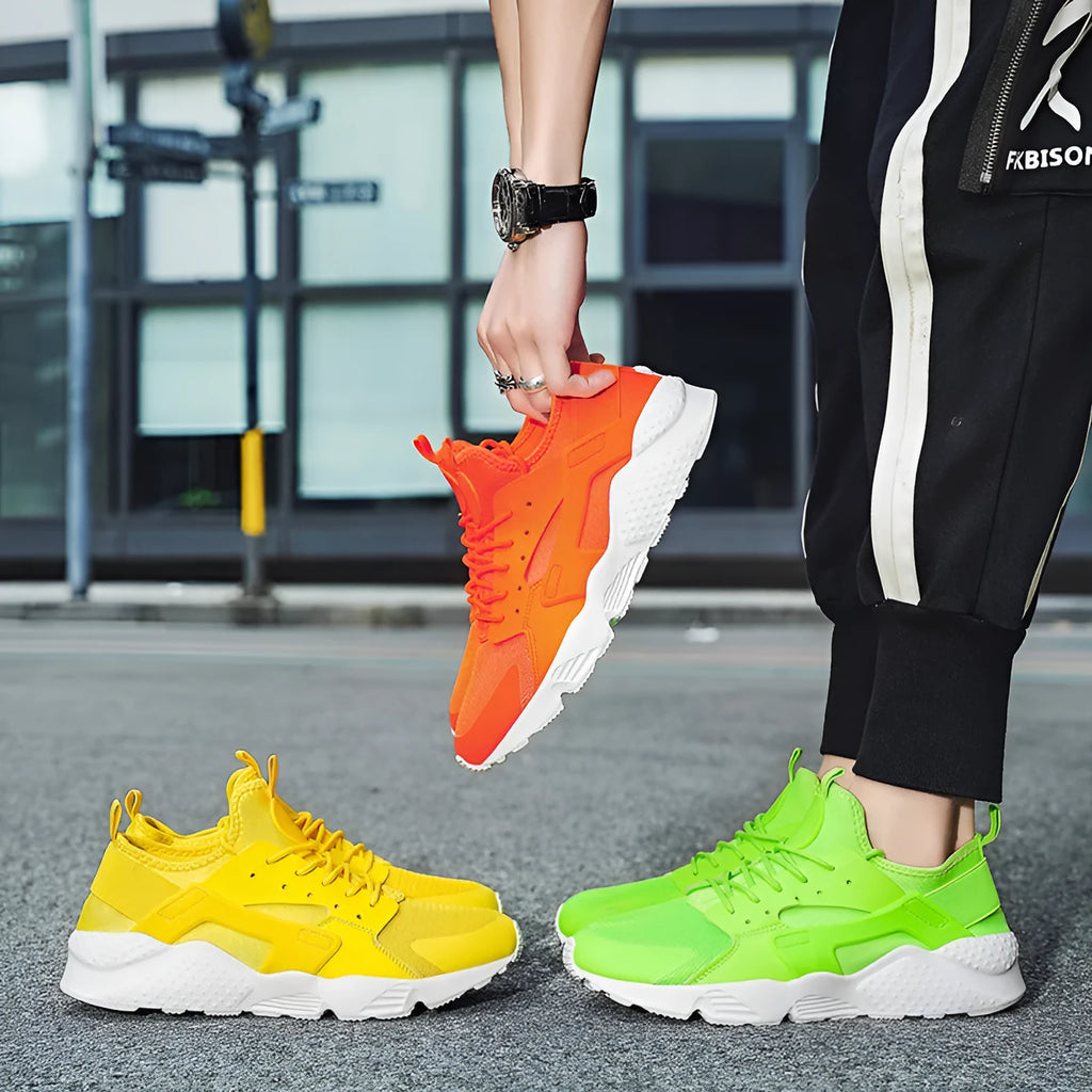 Men's low top casual shoes with mesh upper, cross straps and round toe in fluorescent colours