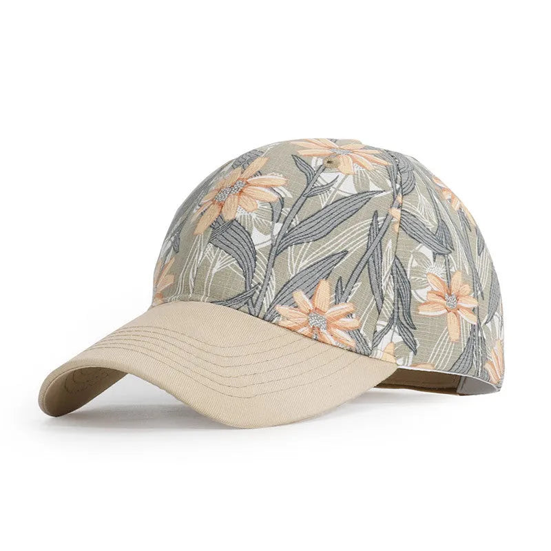 Women's cotton baseball cap with flower print in khaki colour on a white background