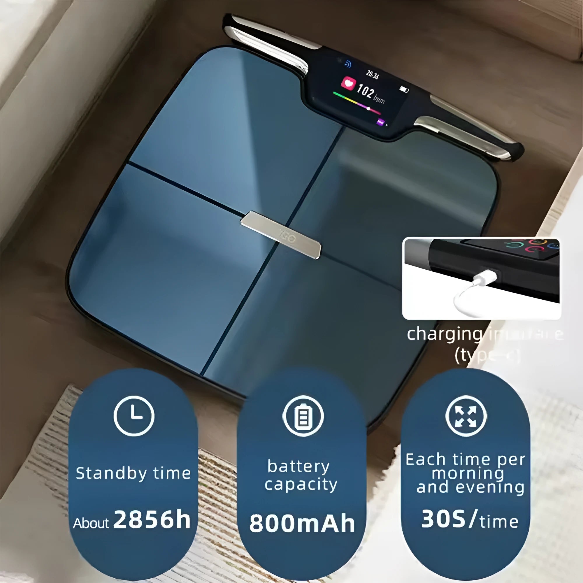 Black eight-electrode body fat and weight scale on a bathroom floor