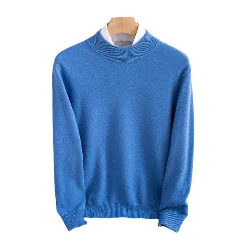 Man wearing a loose-fit half-collar wool sweater in a camel colour, suitable for winter casual wear.