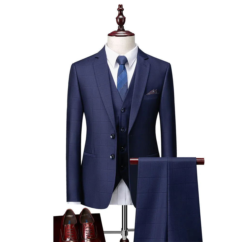 Men's three-piece plaid business casual suit with vest in slim fit design