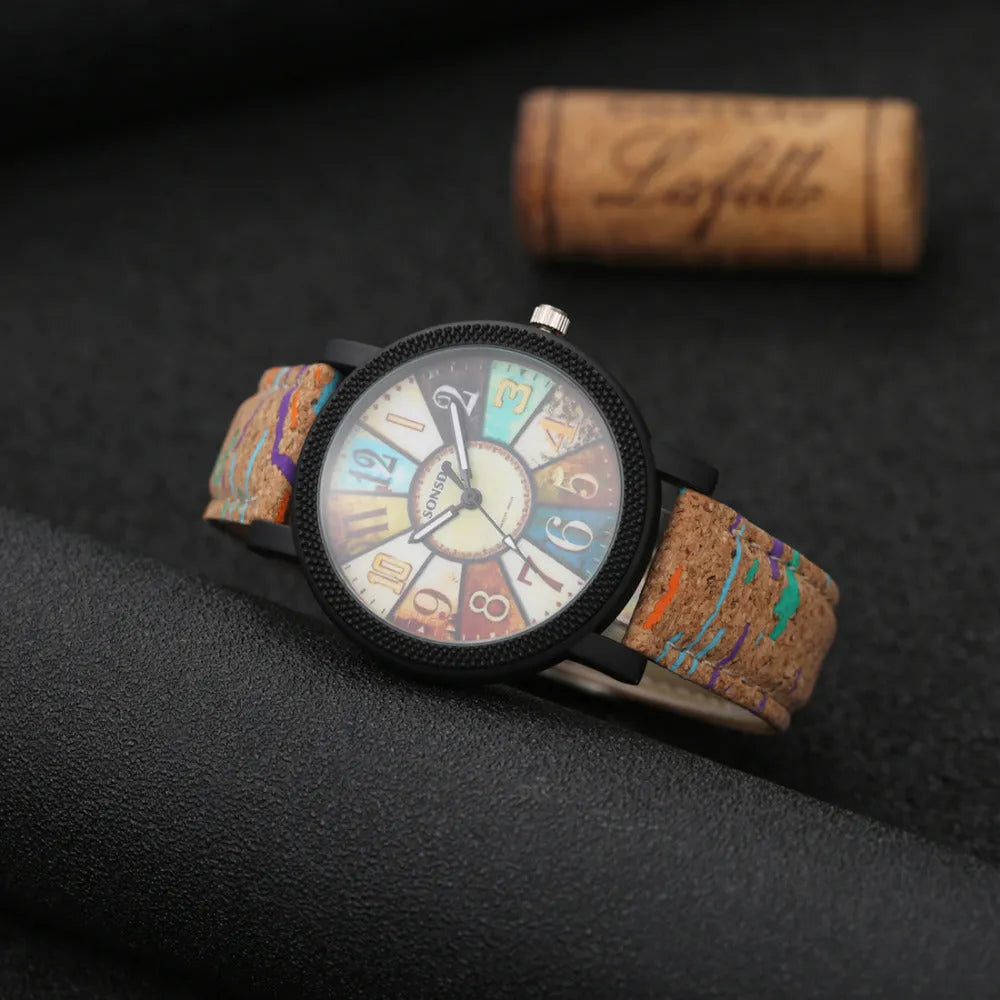 Women's vintage casual quartz watch with brown leather strap and 37mm round silver dial