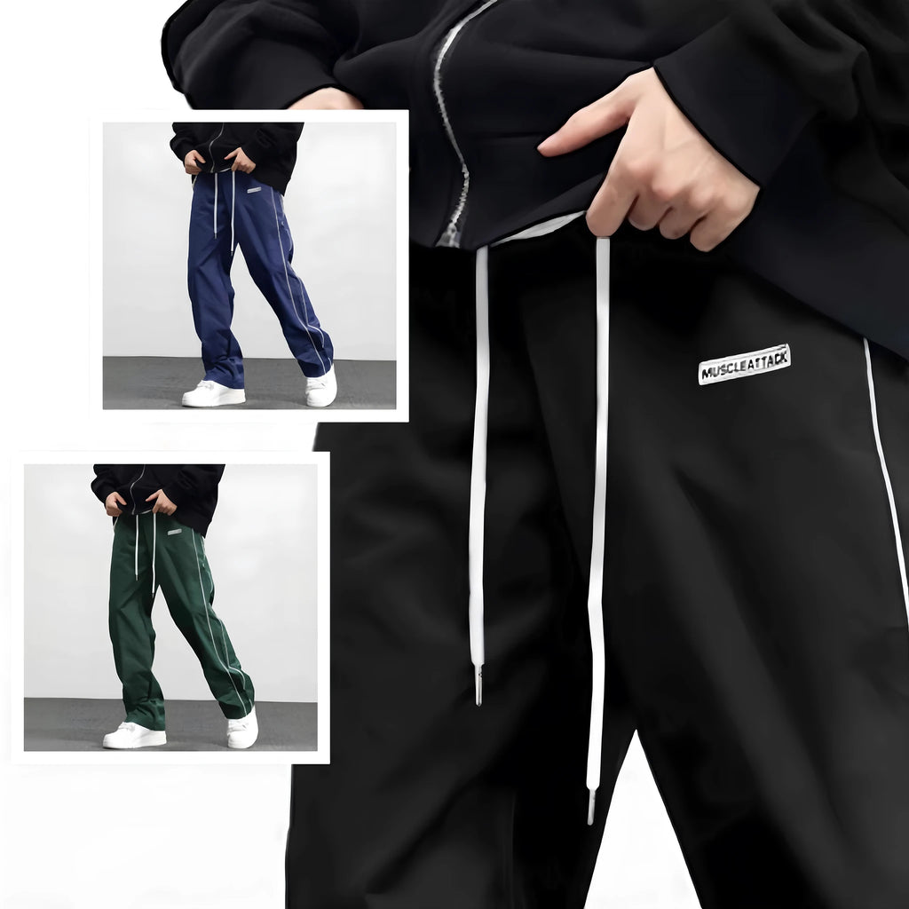 Men's loose fit polyester cargo trousers with side pockets in black, navy blue, and dark green