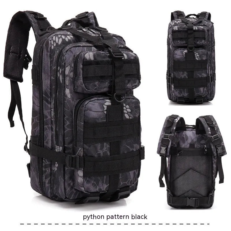 Large khaki hiking backpack with air pillow belt system shown for off-road use.