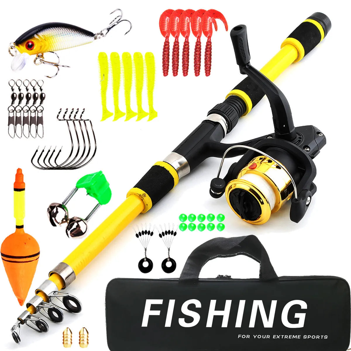 Novice children's fishing rod with pole and wheel suit in blue, green, red or yellow colour options