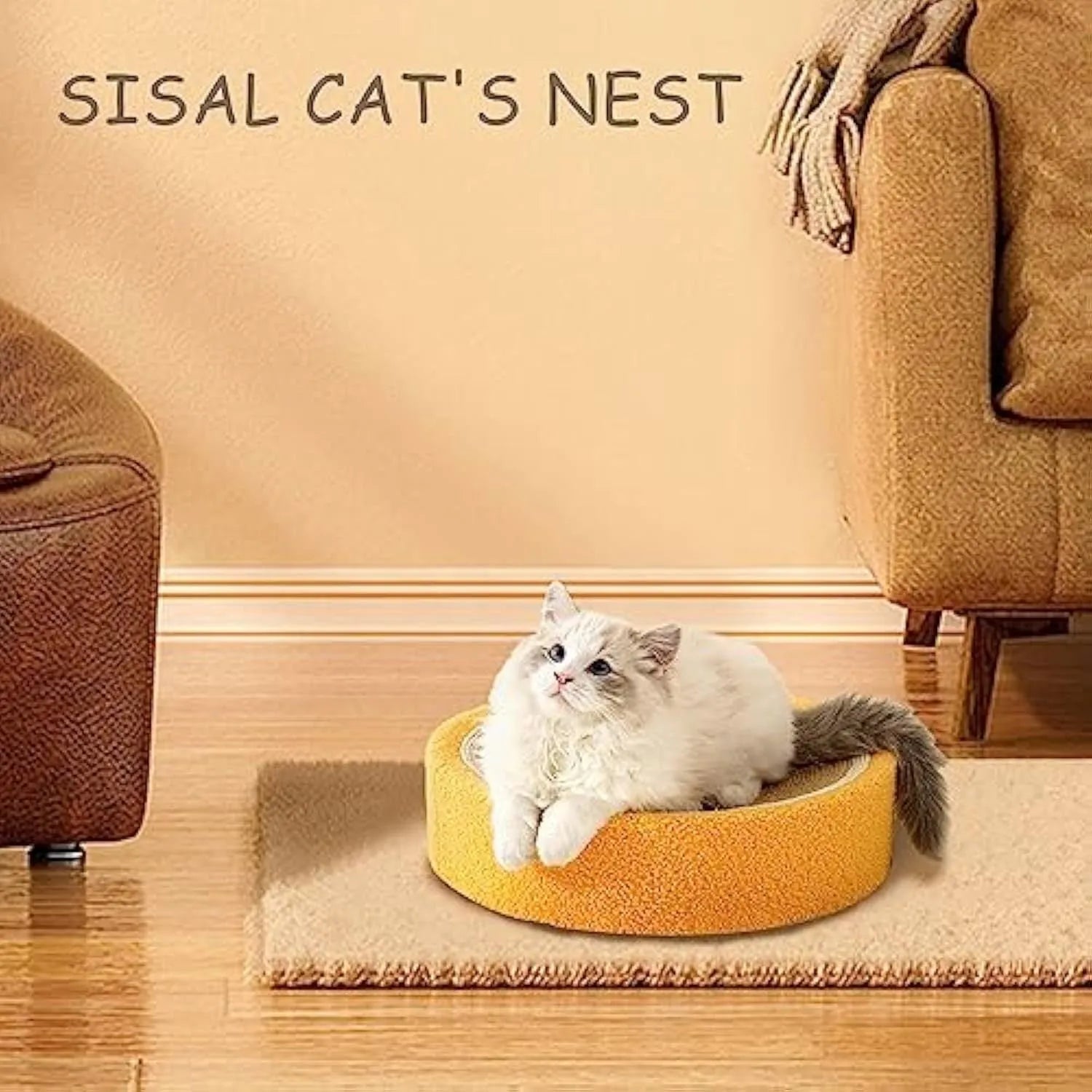 Round orange sisal cat scratching board with concave centre serving as both scratching surface and sleeping bed