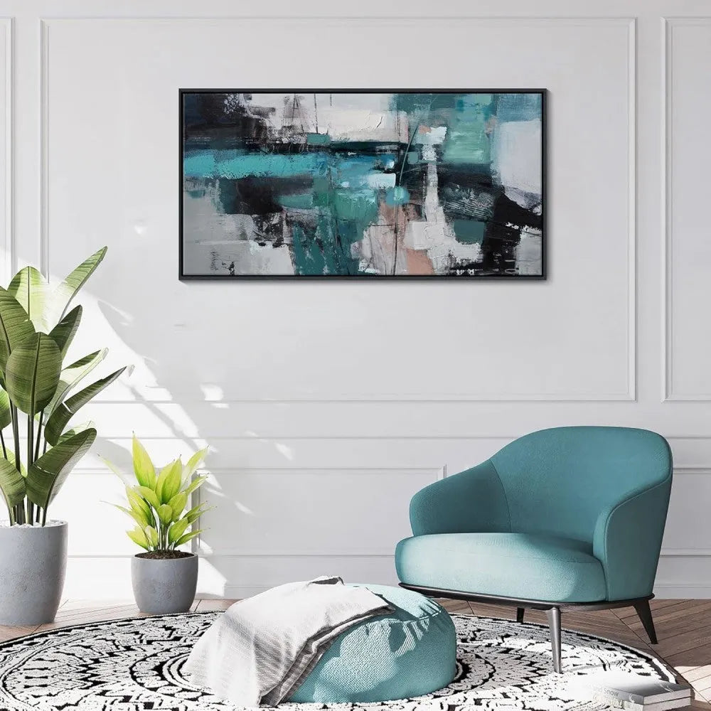 Hand-painted abstract oil painting on canvas with horizontal orientation, available in multiple sizes up to 240cm x 120cm