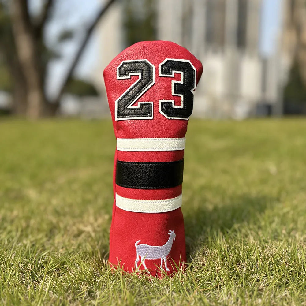 Ram golf club headcover set showing chicken drumstick UT cover, fairway wood sleeves, and square putter sleeve in red colour