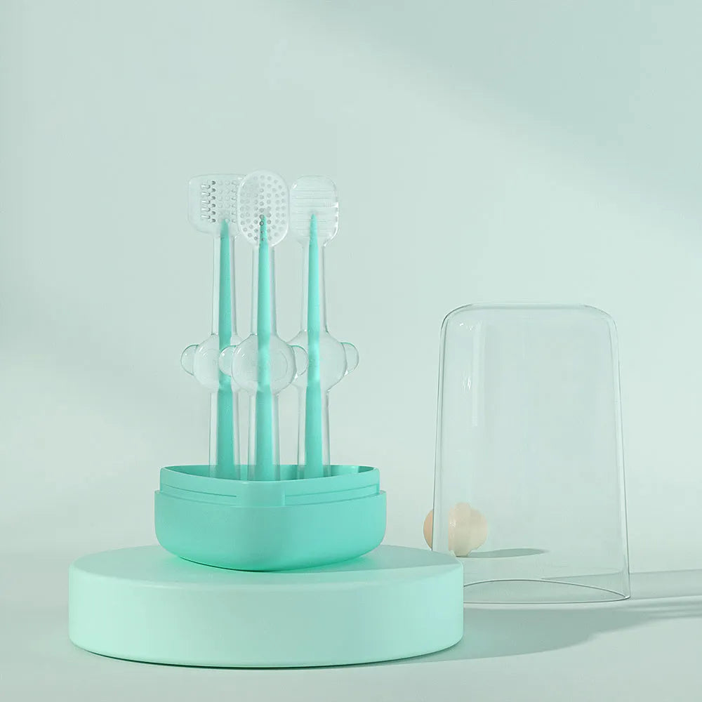 Purple silicone pet toothbrush with dual-ended design showing traditional brush head and finger brush