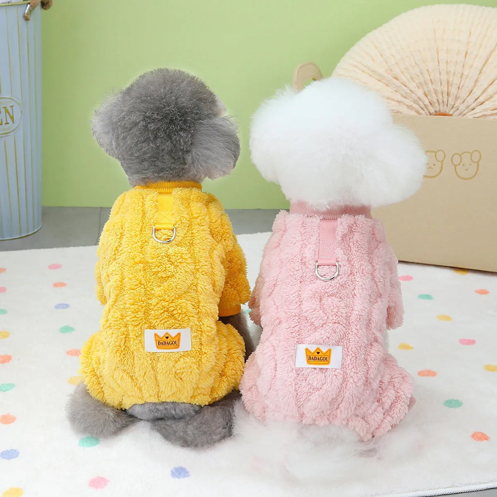Four-legged dog fleece jacket in khaki on a small breed dog outdoors
