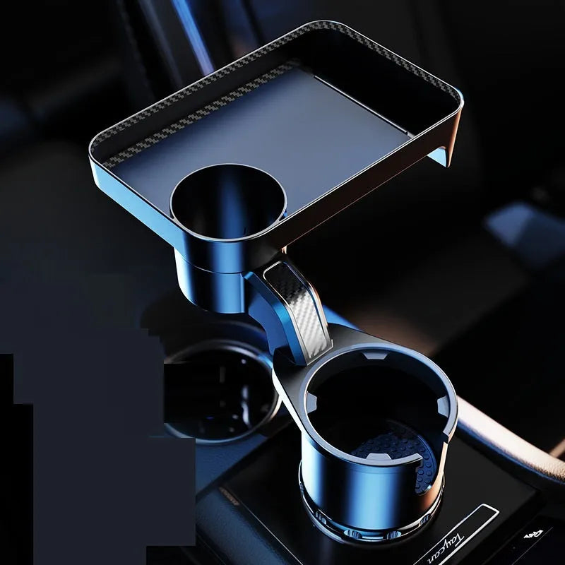 Black ABS plastic car-mounted rotating dinner tray holder showing 360-degree rotation mechanism
