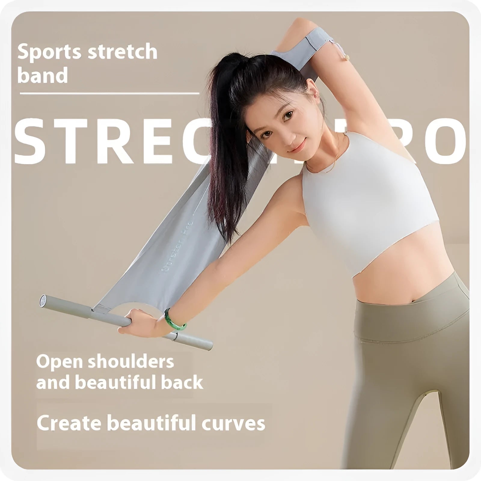 Grey and pink multi-function yoga stretching tool for shoulder, back, and hip flexibility exercises.