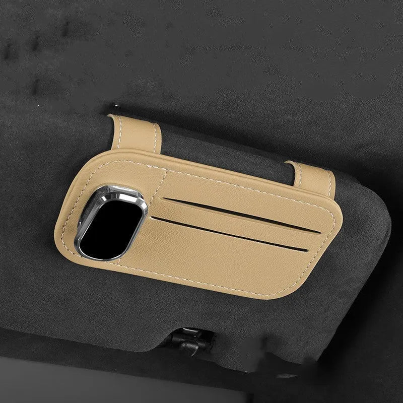 Leather car sun visor card holder with glasses clip function in multiple colour options