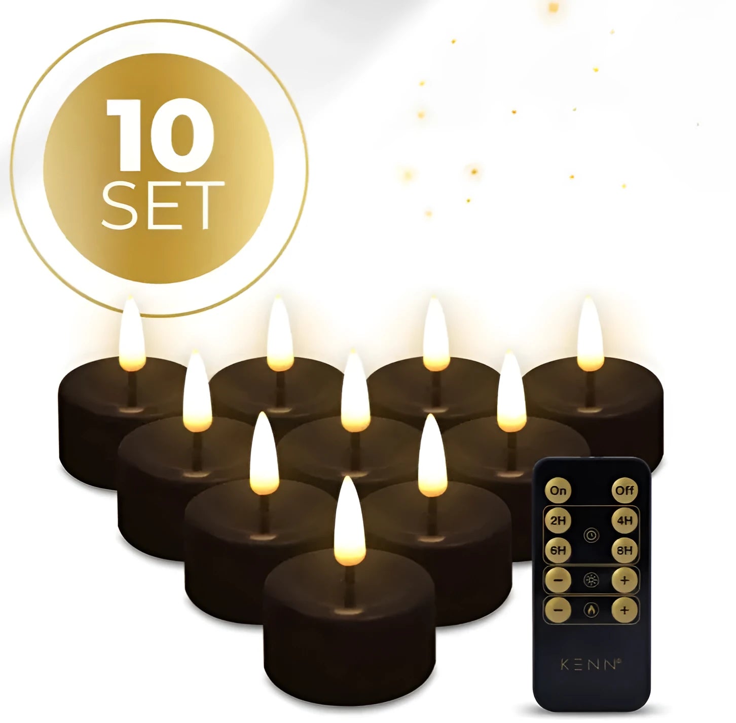 Four black LED tealight candles with flickering flame effect, measuring 4.1cm diameter