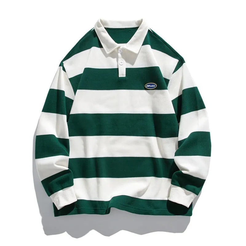 Striped pearl cotton polo shirt with lapel collar in loose fit for autumn wear