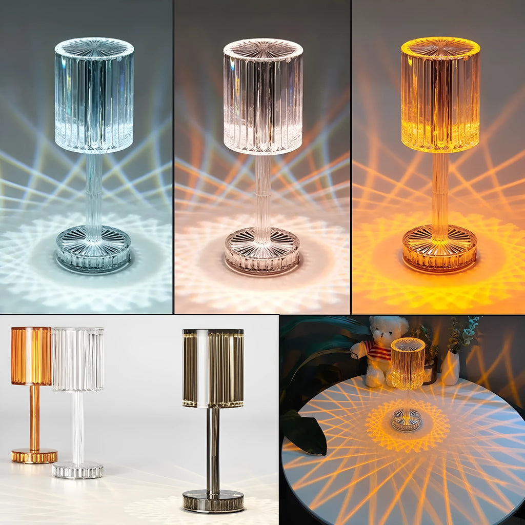 Amber K9 crystal table lamp with double-layered lampshade on a modern bedside table, warm LED light on medium brightness