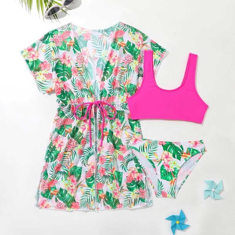 Girls' two-piece swimsuit with Korean floral patterns and briefs design in polyester fabric