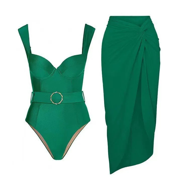 Women's one-piece swimsuit with a gauze skirt, showing double shoulder and oblique shoulder strap style options.