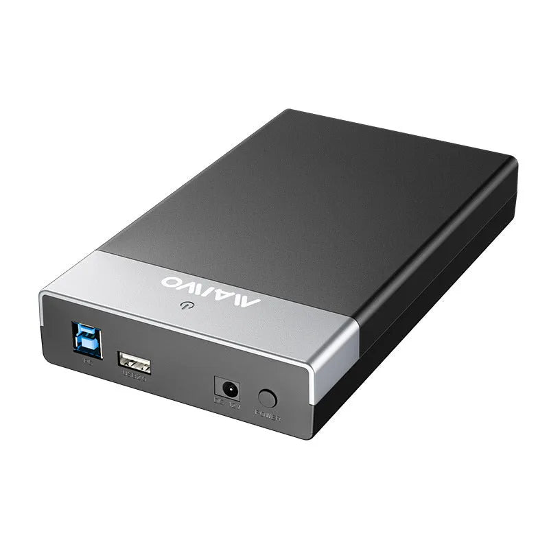 3.5-inch SATA to USB hard disk enclosure with sliding cover in black and silver colour combination