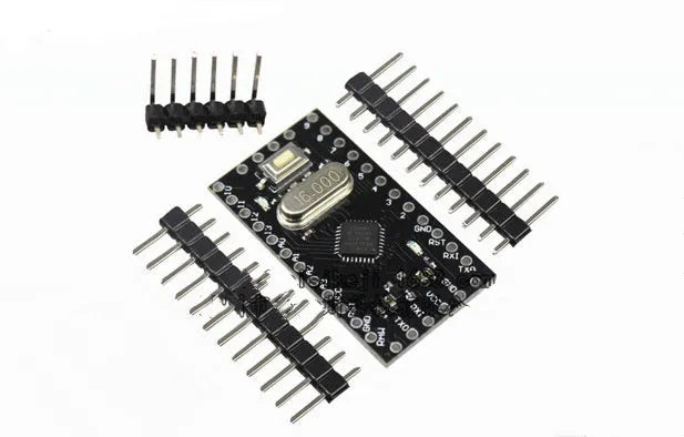 Mini Pro ATMEGA328P microcontroller development board with pin headers measuring 33.3 by 18.0 millimetres